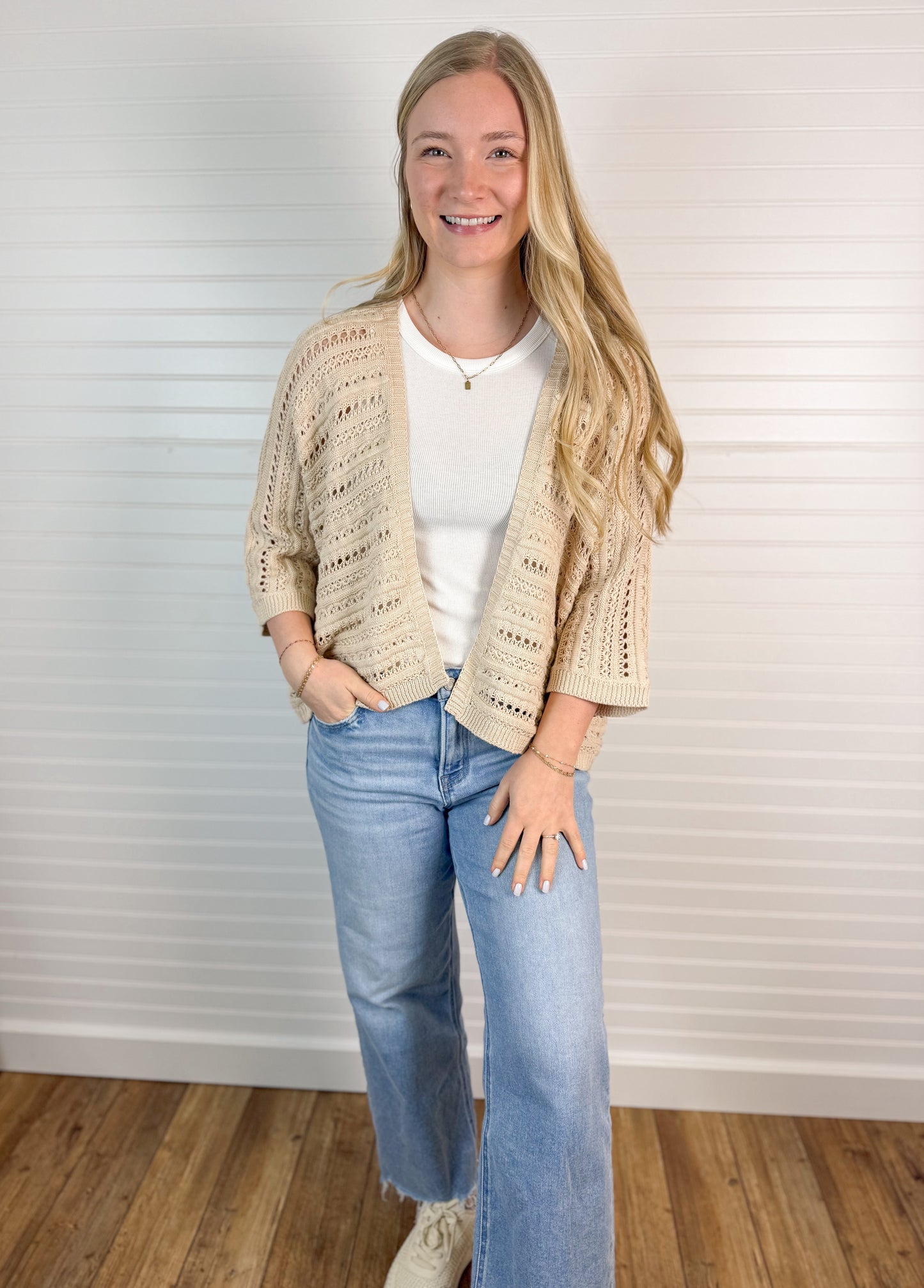 Crochet Dolman Open Front Cardigan - Taupe