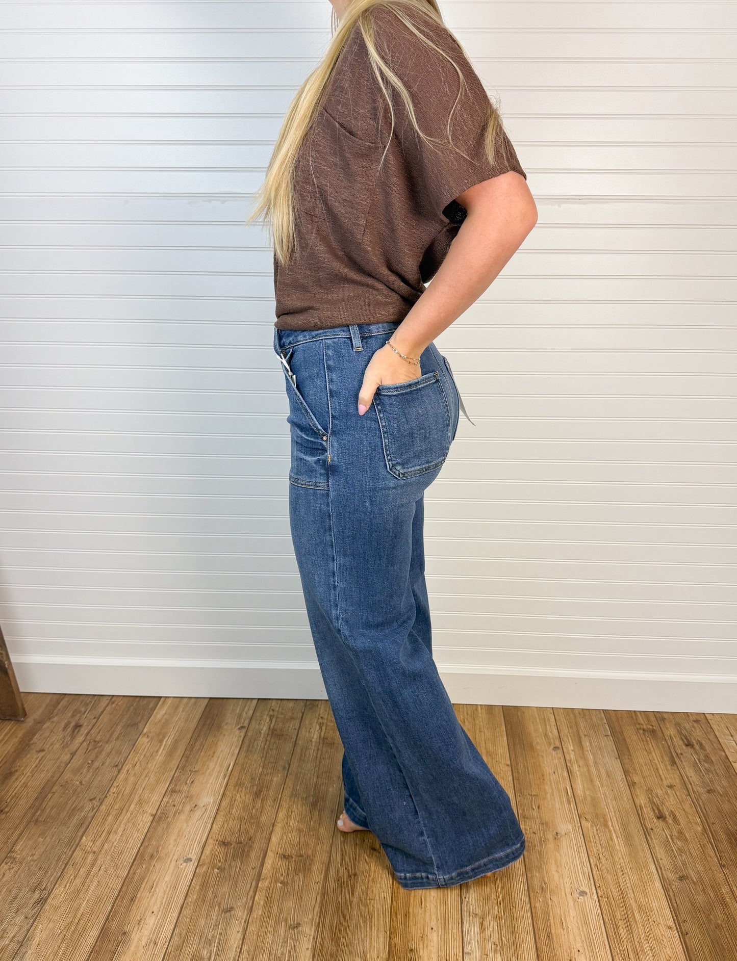 High Rise Patch Pocket Wide Leg Denim - Dark Wash
