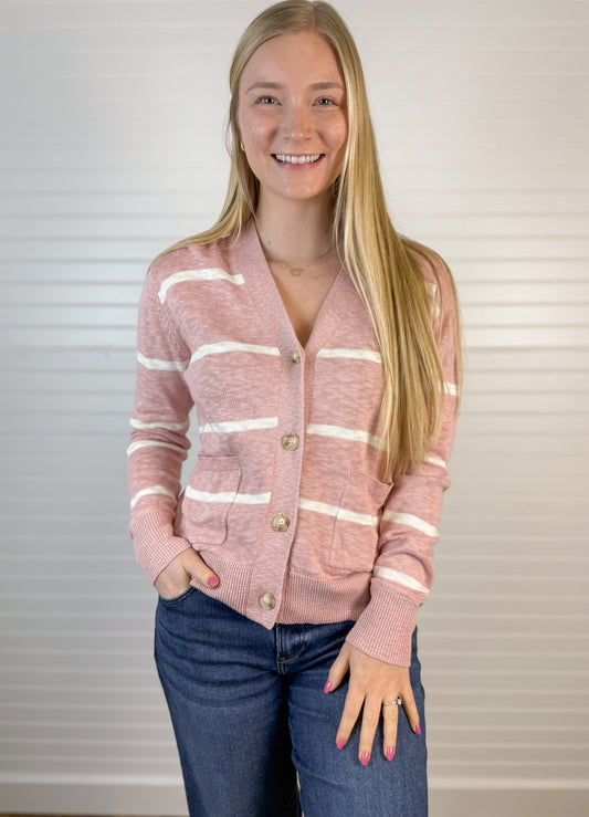 Striped Oversized V-Neck Cardigan - Pink