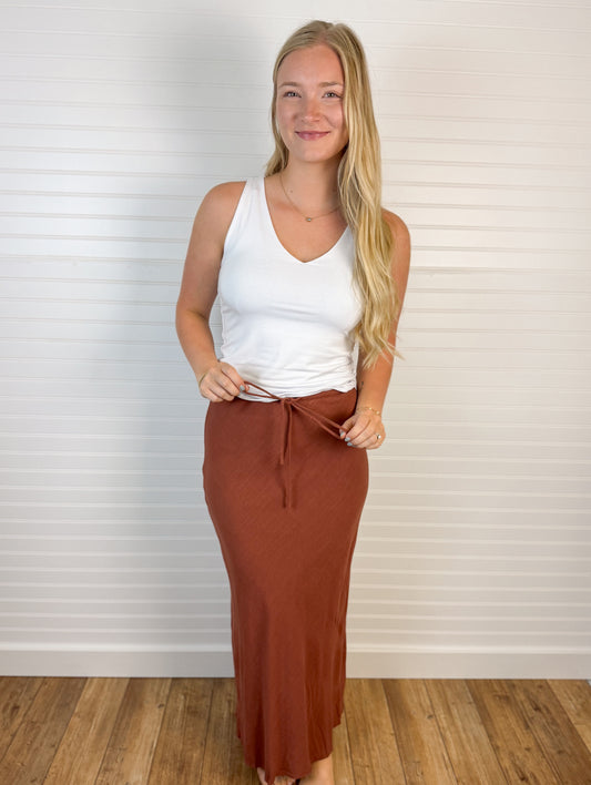 Drawstring Waist Maxi Skirt - Brick