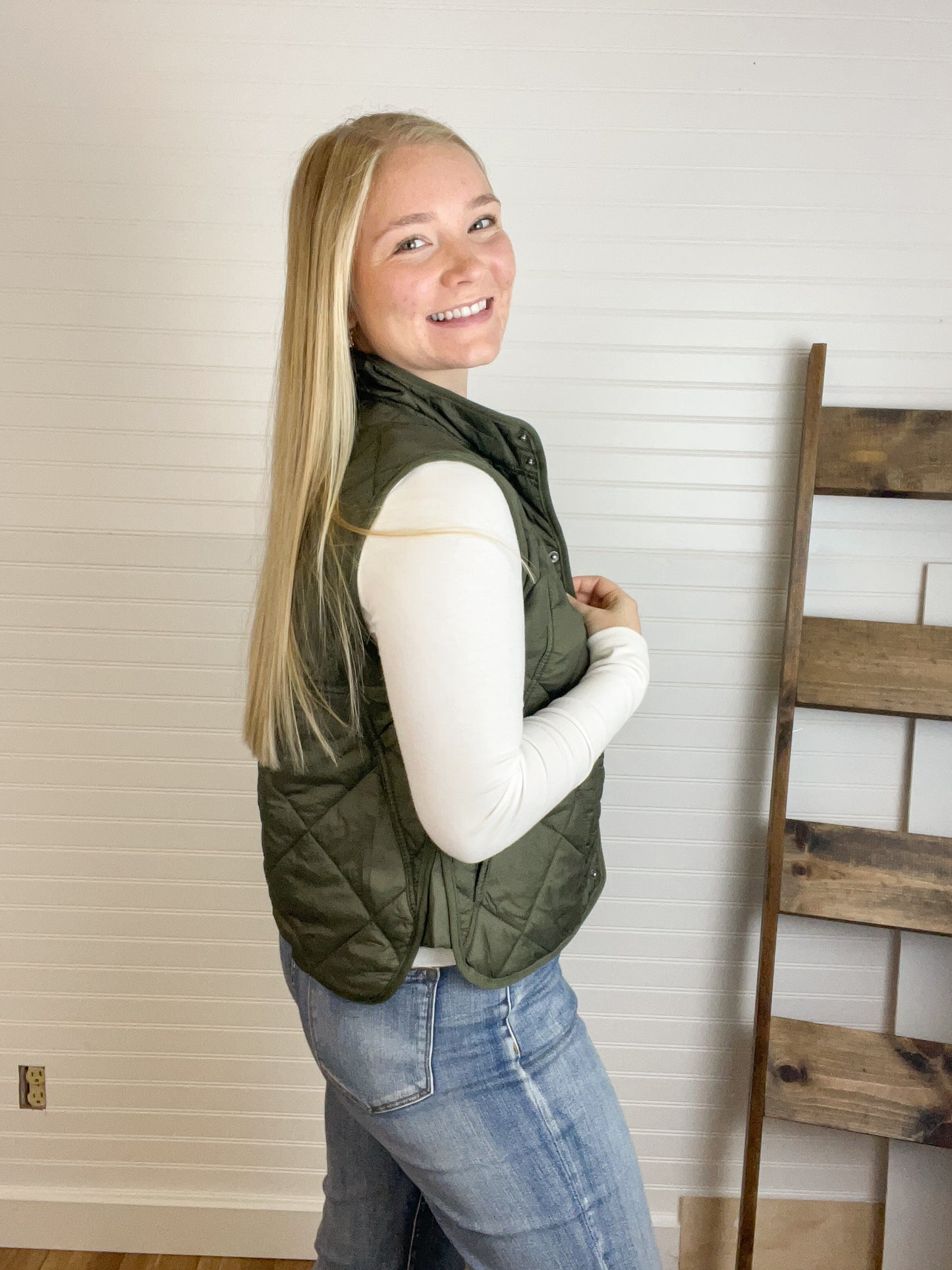 Quilted Snap Button Vest - Olive