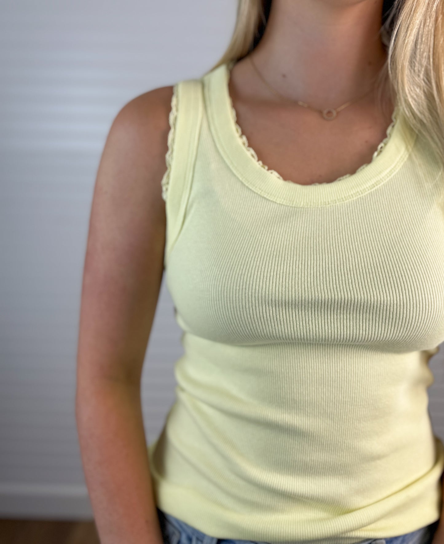 Lace Trim Ribbed Knit Tank - Lemon