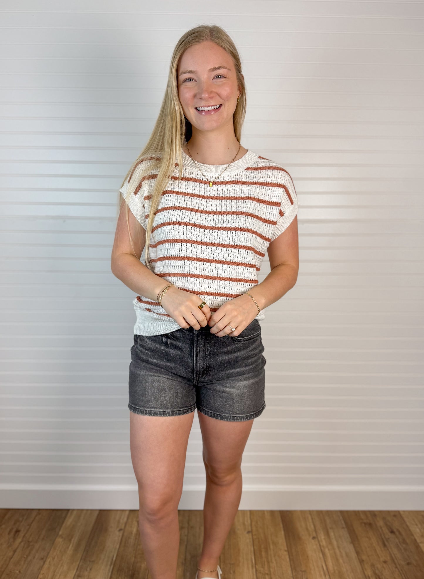 Striped Crochet Knit Cap Sleeves - Terracotta
