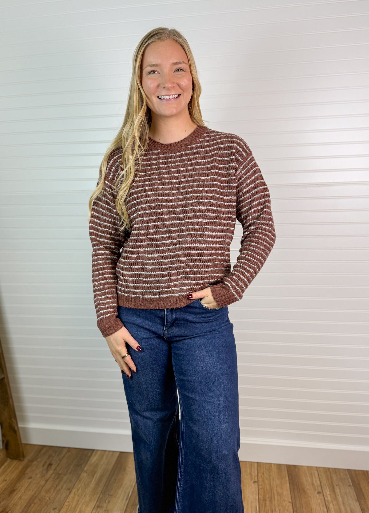 Striped Waffle Knit Sweater - Chestnut