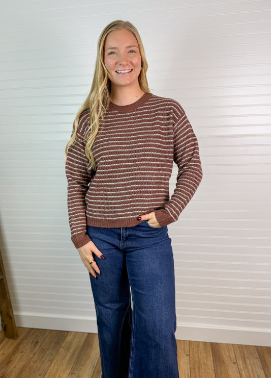Striped Waffle Knit Sweater - Chestnut