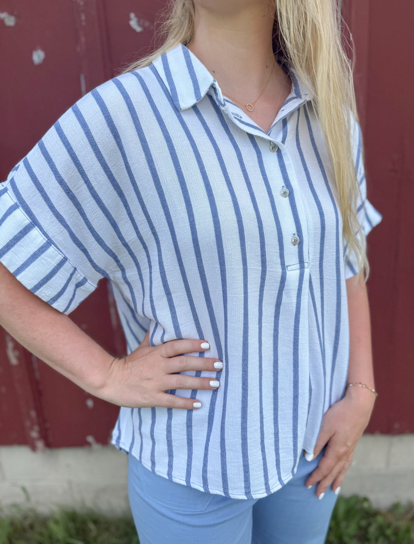 Short Sleeve Striped Linen Top - Blue/Off White