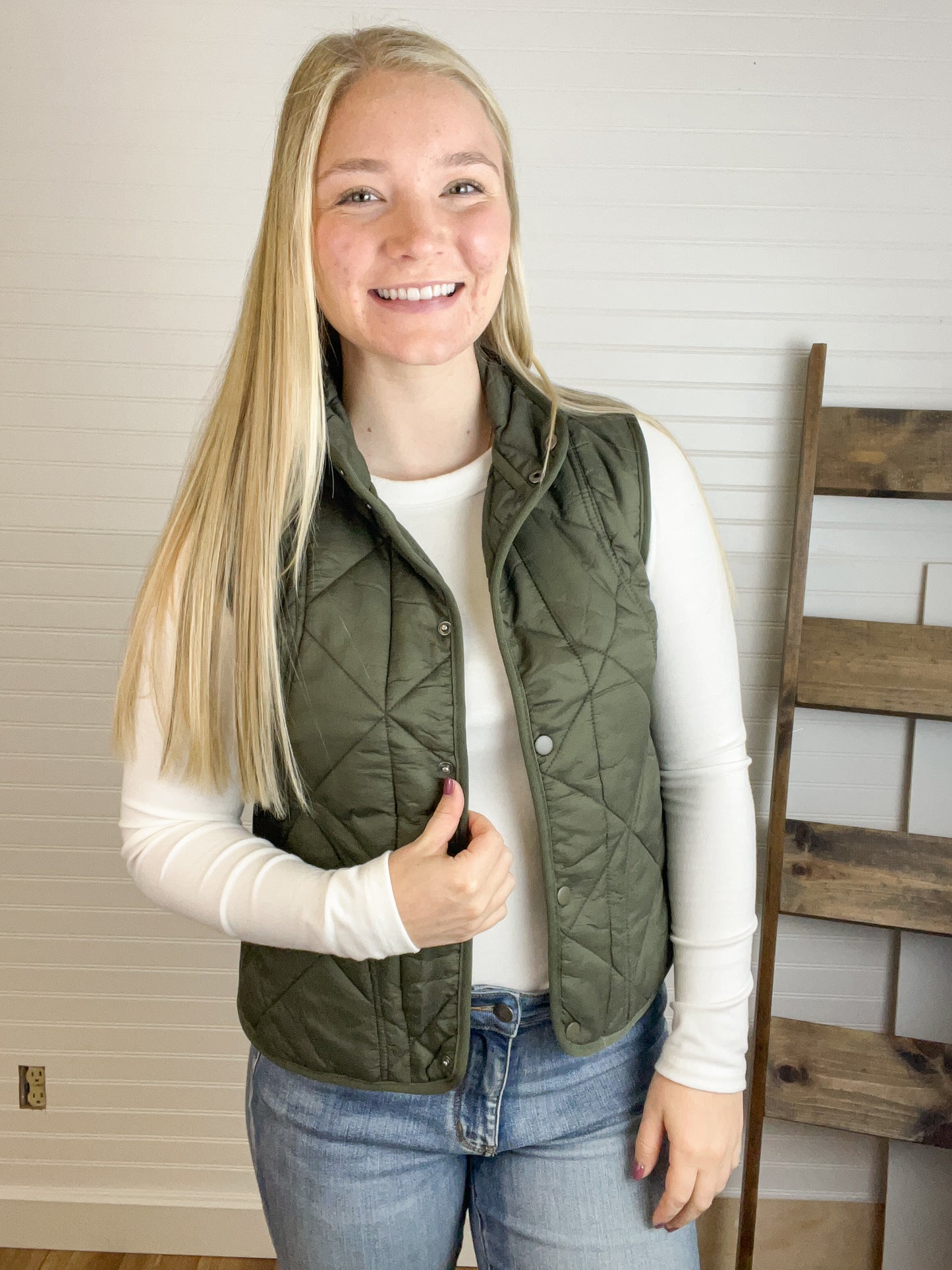 Quilted Snap Button Vest - Olive