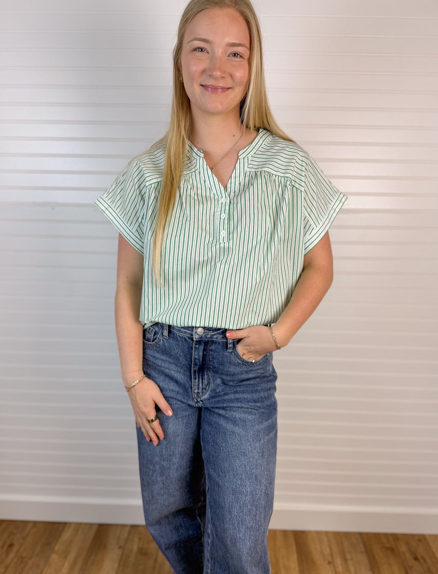 Striped Drop Shoulder Cotton Blouse - Green