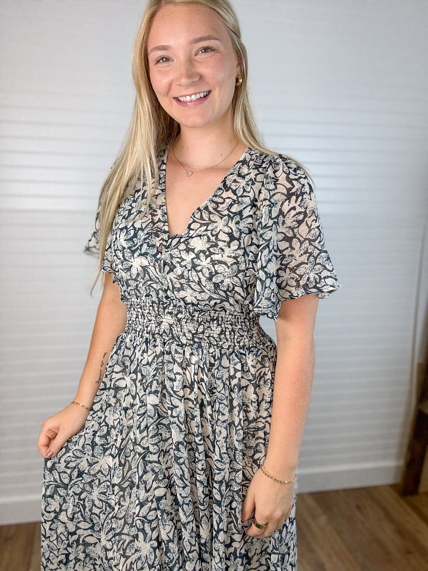 Floral Chiffon Smocked Midi Dress - Teal/Taupe