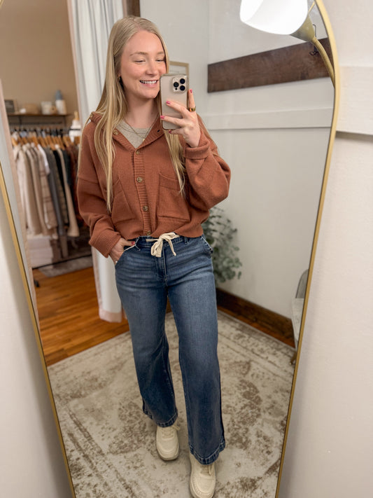 Elastic Band Cropped Wide Leg Denim