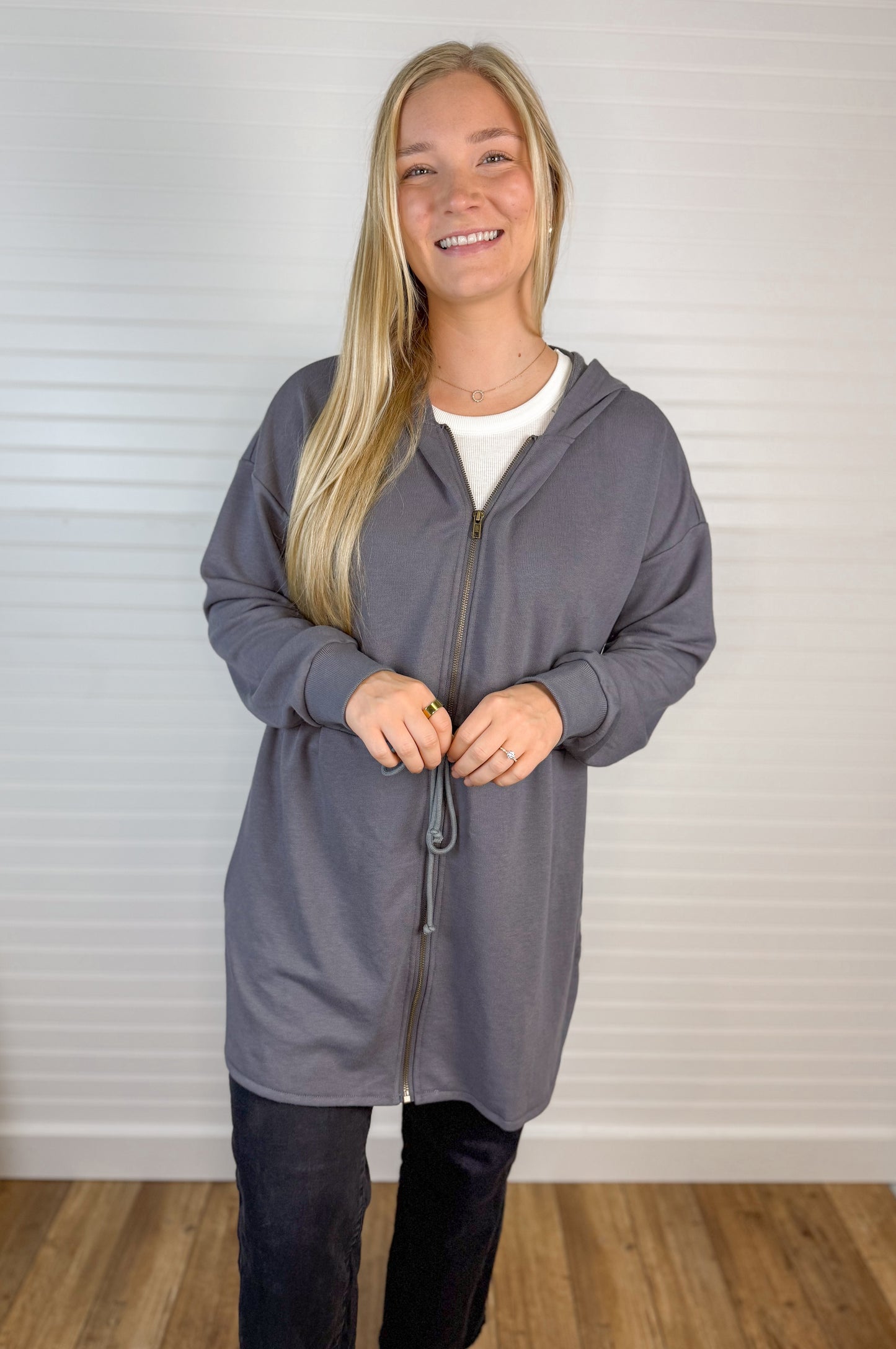French Terry Drawstring Zip-Up - Gray/Purple