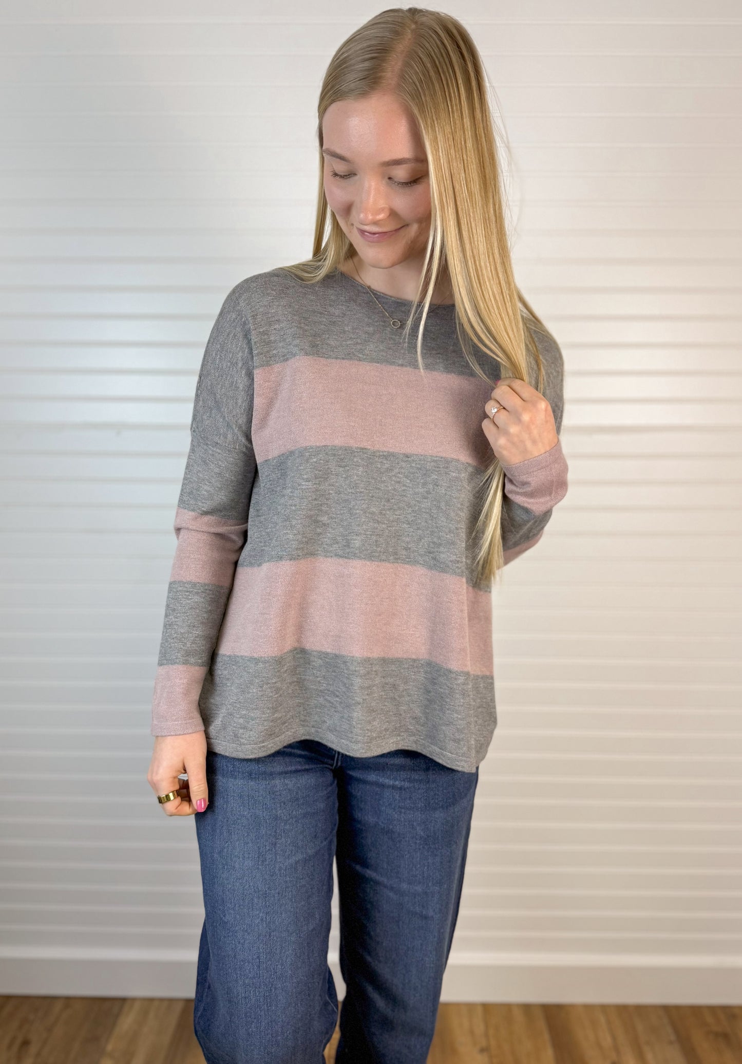 Boat Neck Wide Striped Sweater - Grey/Blush