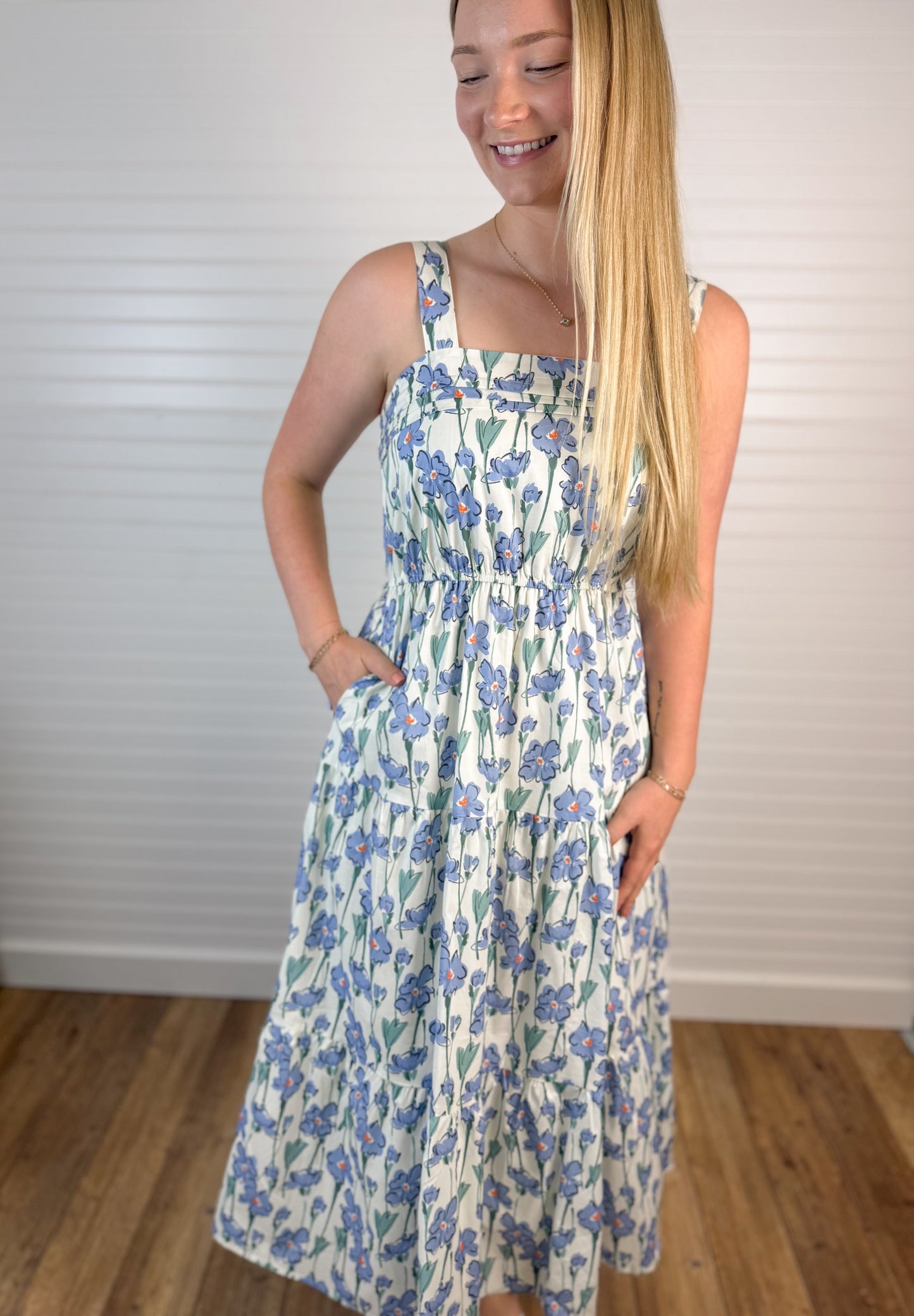 Floral Print Pleat Sleeveless Dress - Blue