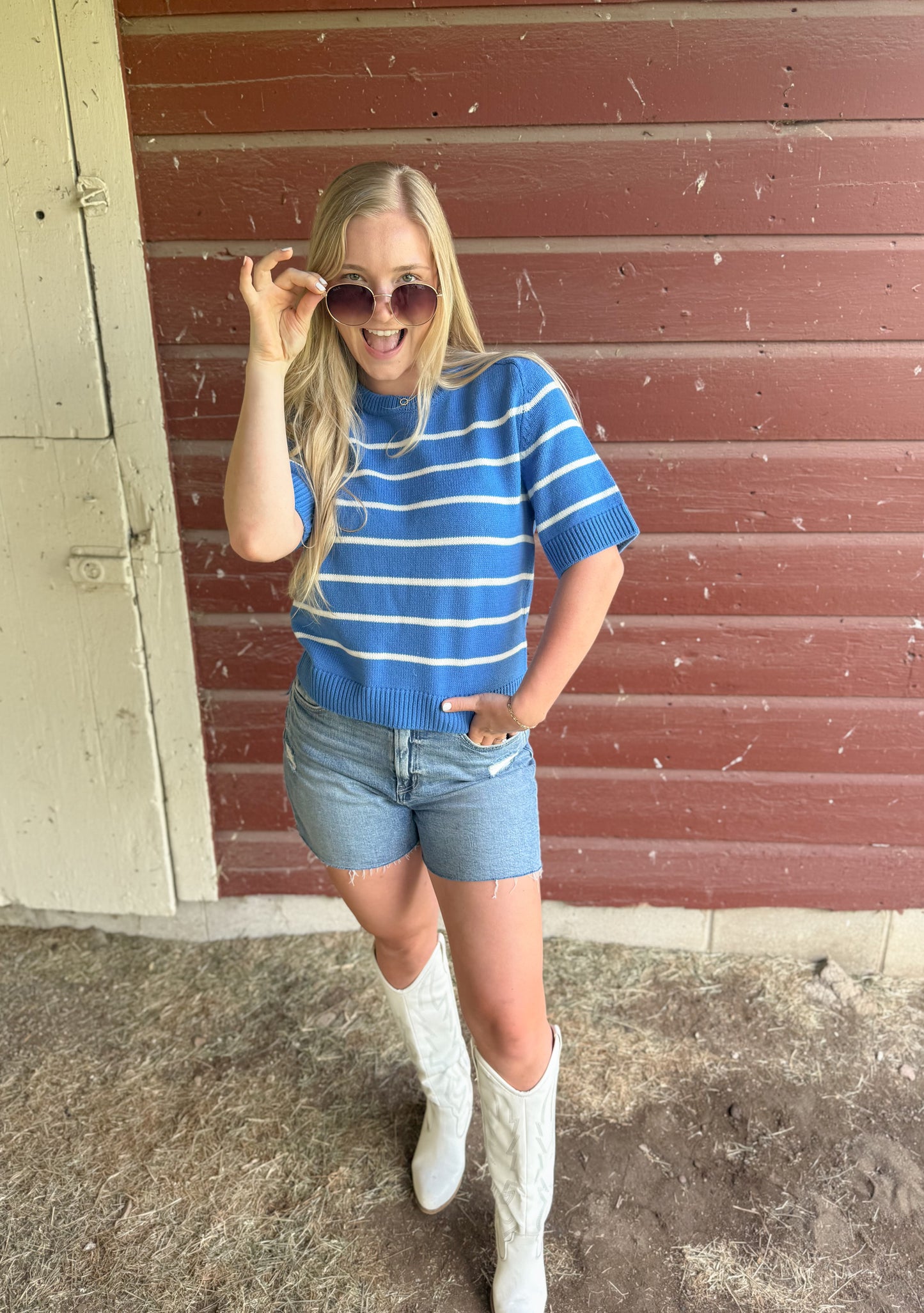 Essential Raglan Striped Sweater Top - Blue