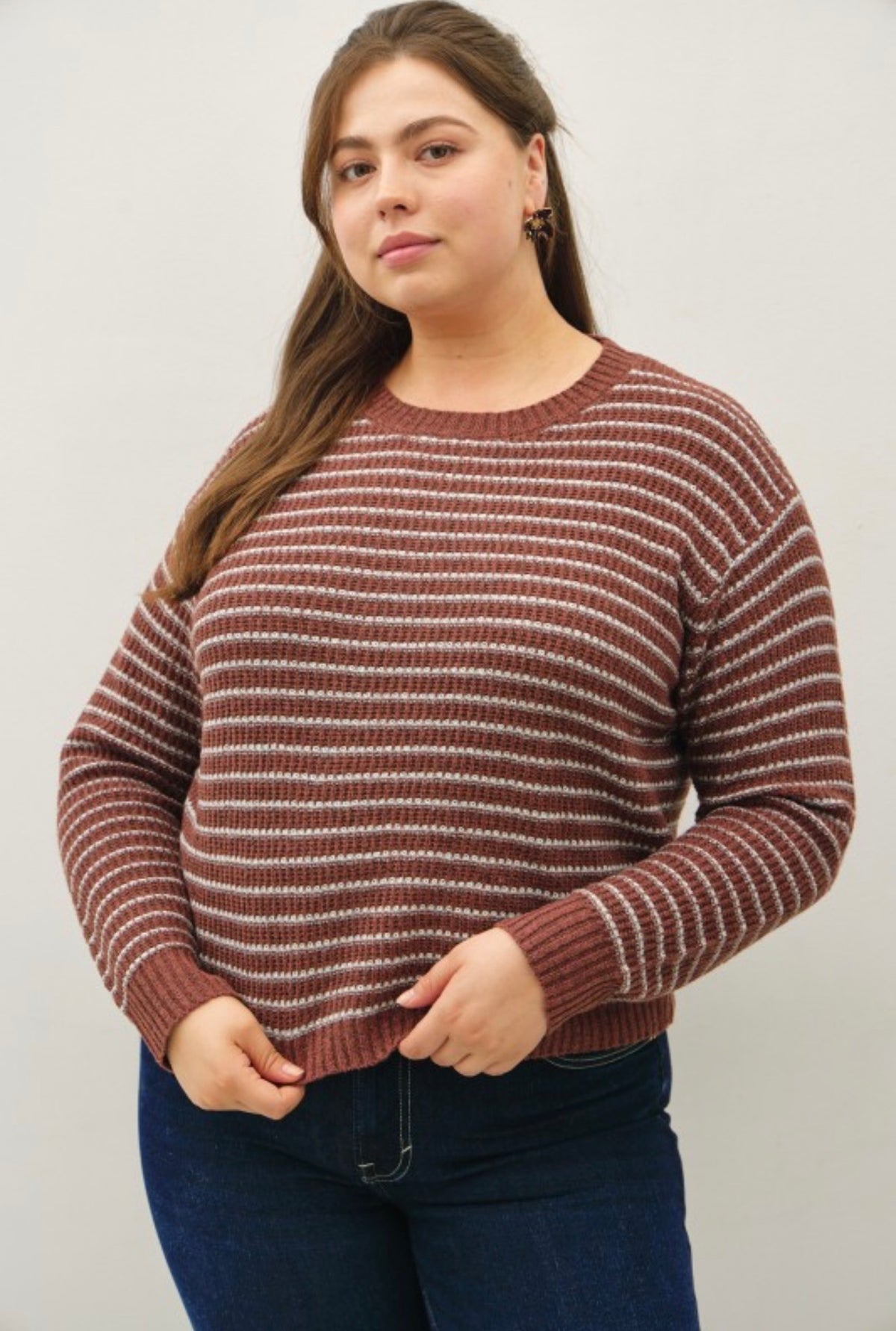 PLUS Striped Waffle Knit Sweater - Chestnut