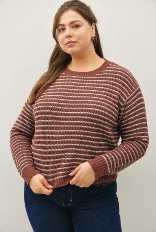 PLUS Striped Waffle Knit Sweater - Chestnut