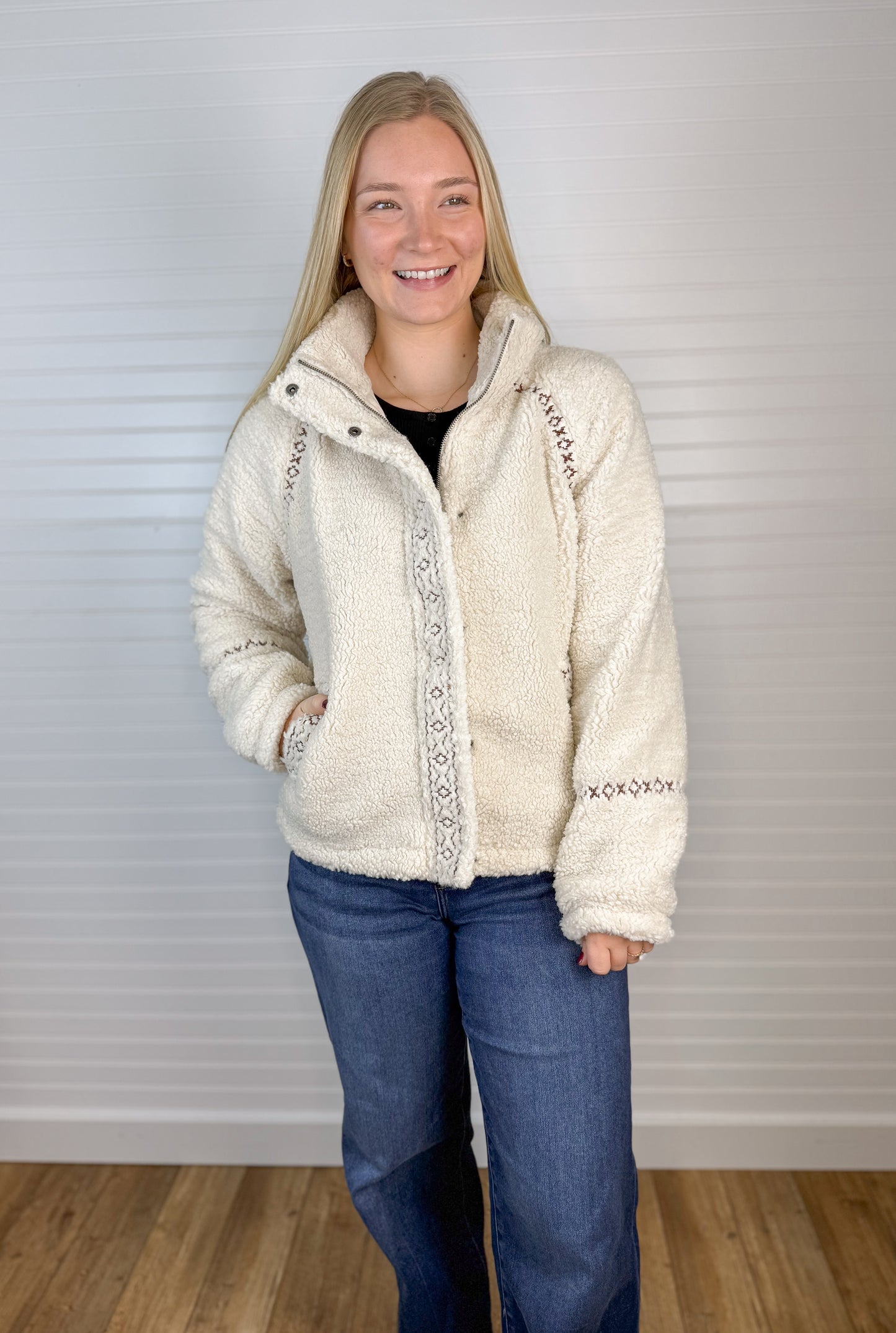 Embroidery Detail Fleece Jacket - Oatmeal