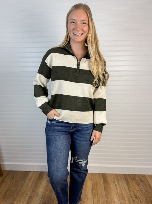 Rugby Striped Half Zip Sweater - Hunter Green