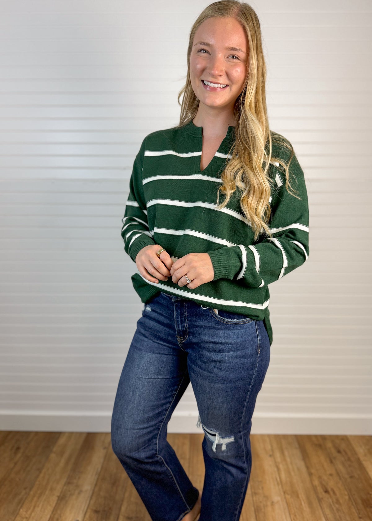 Split Neck Striped Sweater (2 colors)