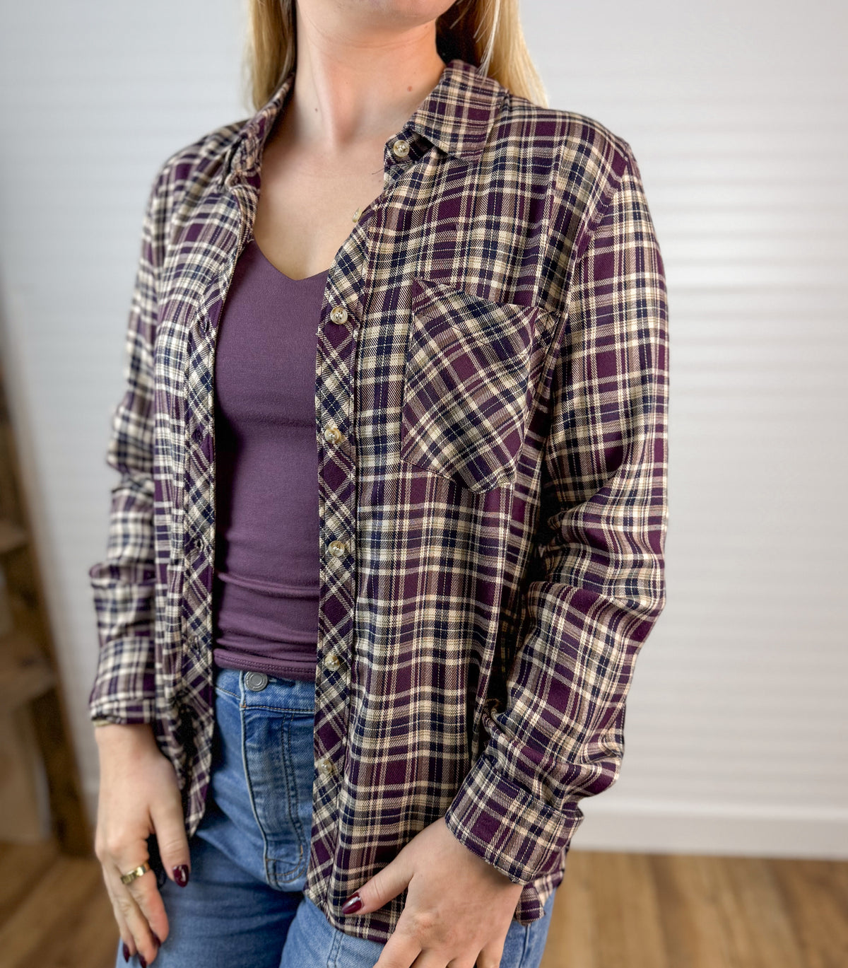 Flannel Plaid Button Down Top - Plum