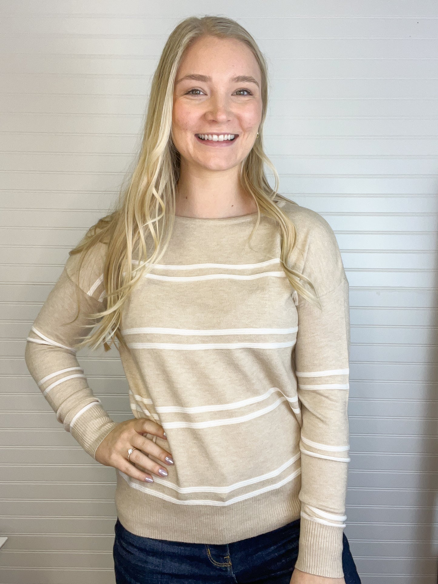 Texture Striped Boat Neck Sweater - Taupe