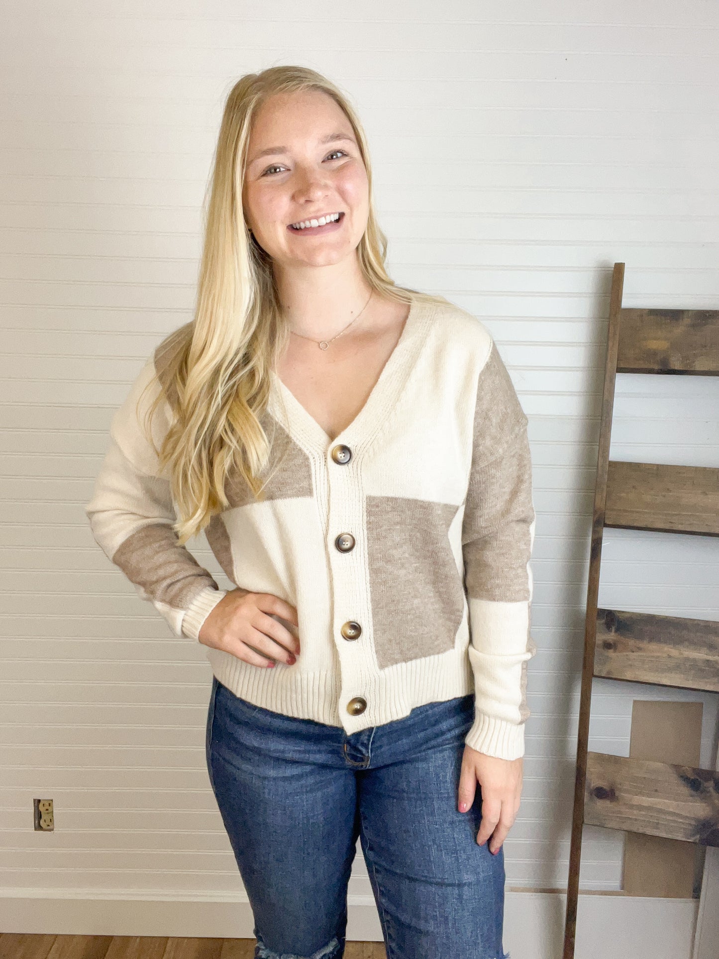 V-Neck Color Block Sweater - Taupe