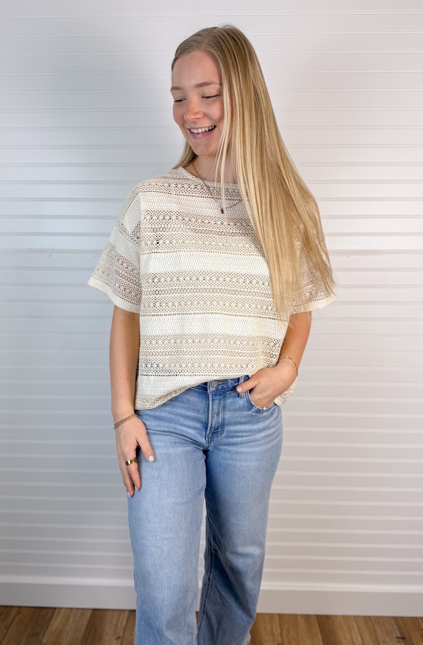 Crochet Knit Cami Inserted Top - Cream