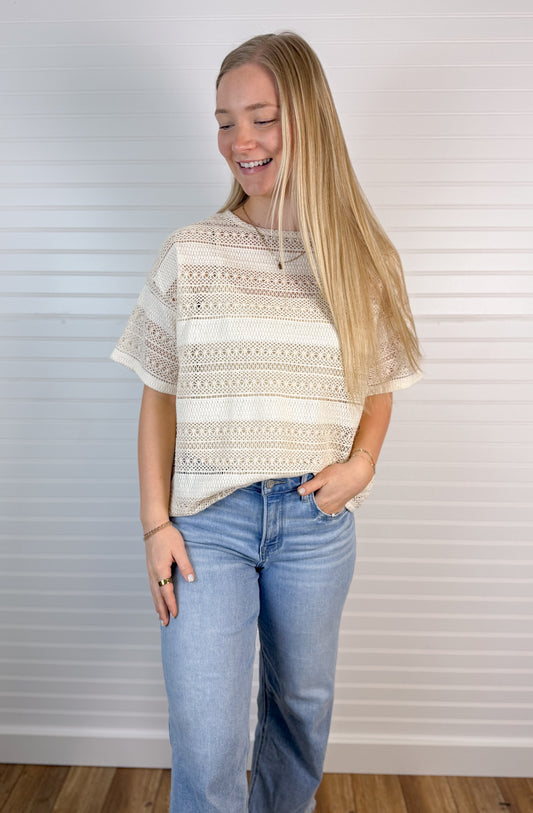 Crochet Knit Cami Inserted Top - Cream