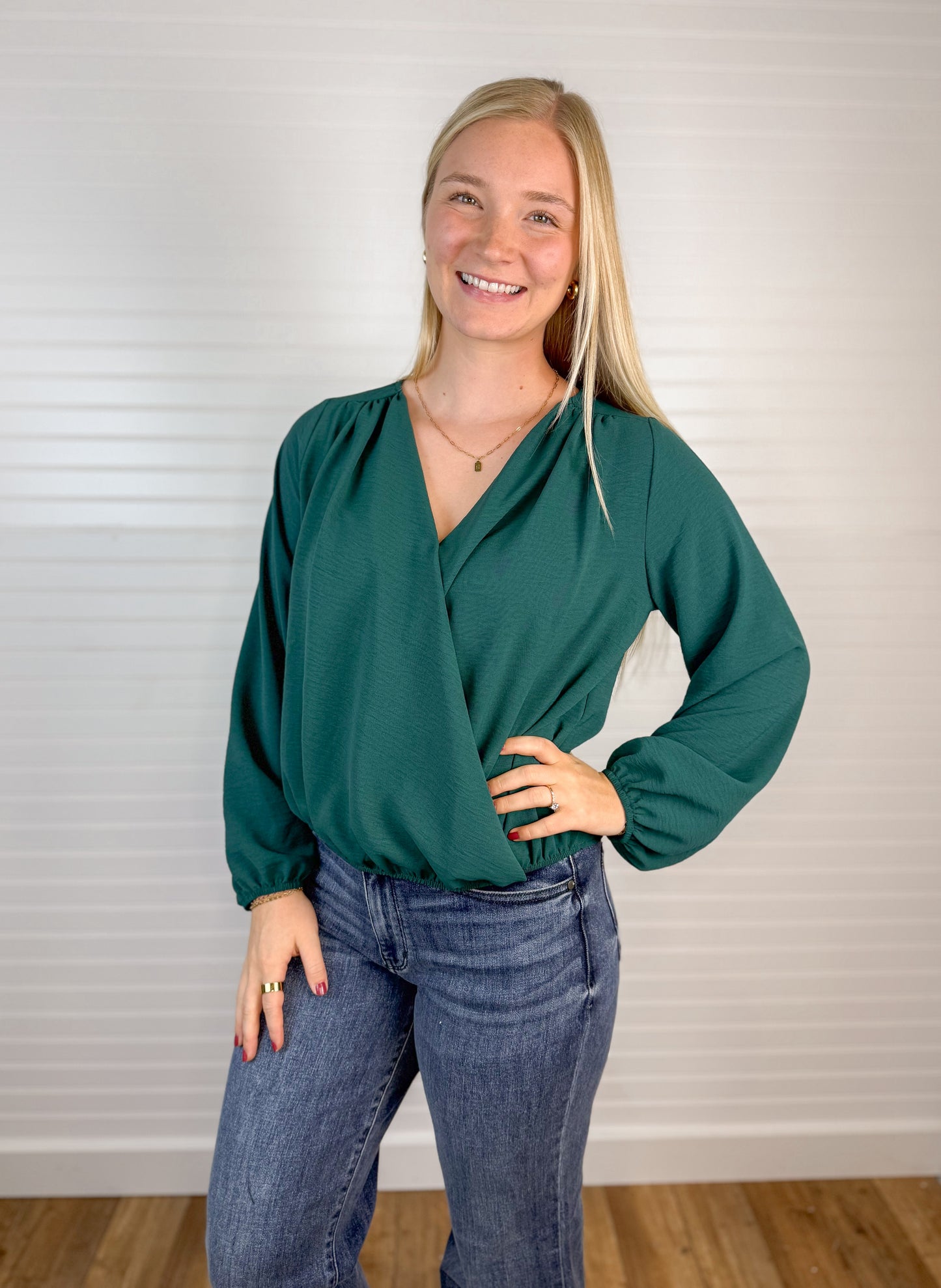 Surplice Long Sleeve Blouse - Hunter Green