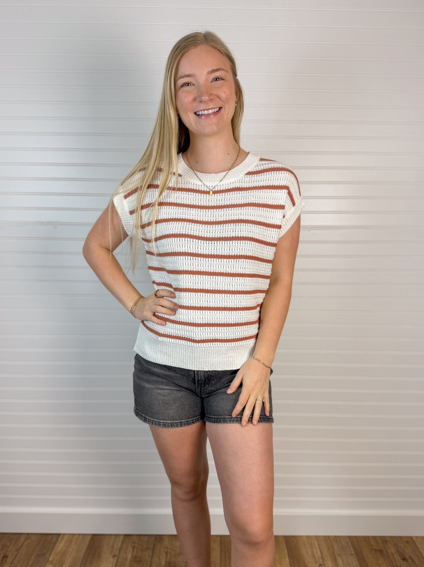Striped Crochet Knit Cap Sleeves - Terracotta