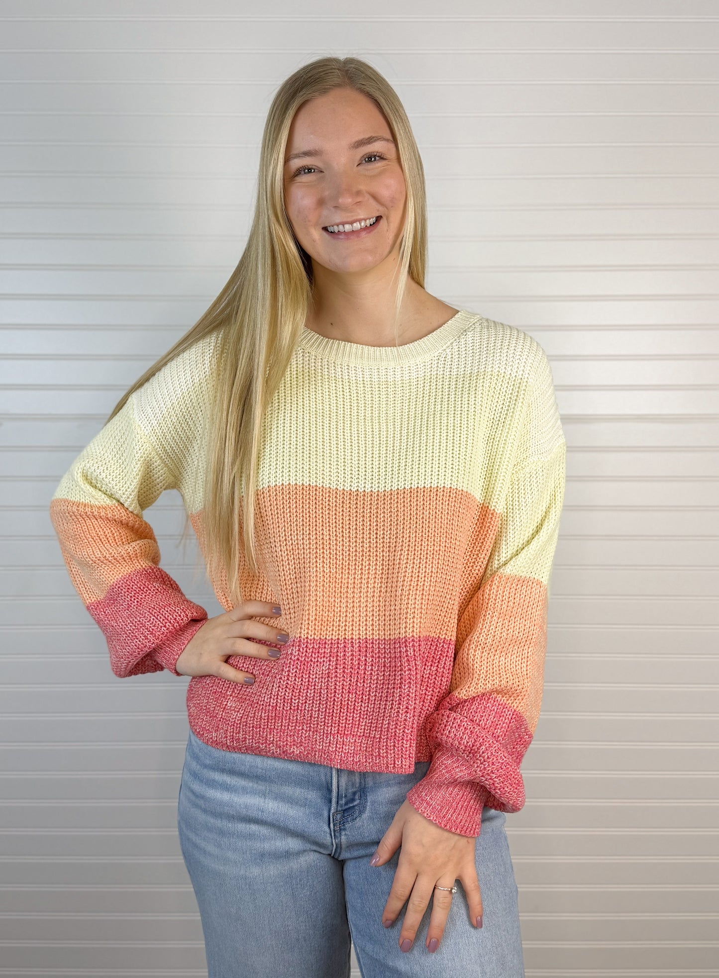 Color Block Bubble Sleeve Sweater - Orange/Pink