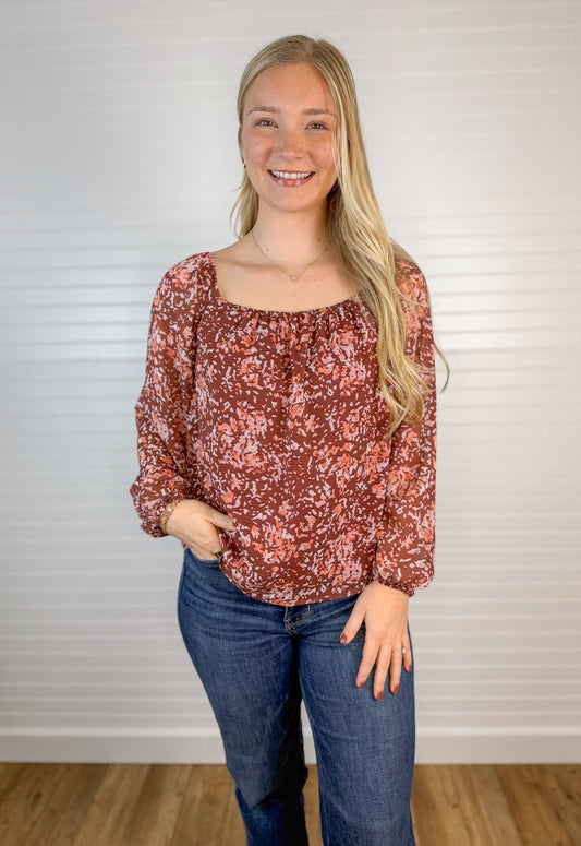 Square Neck Floral Long Sleeve - Wine