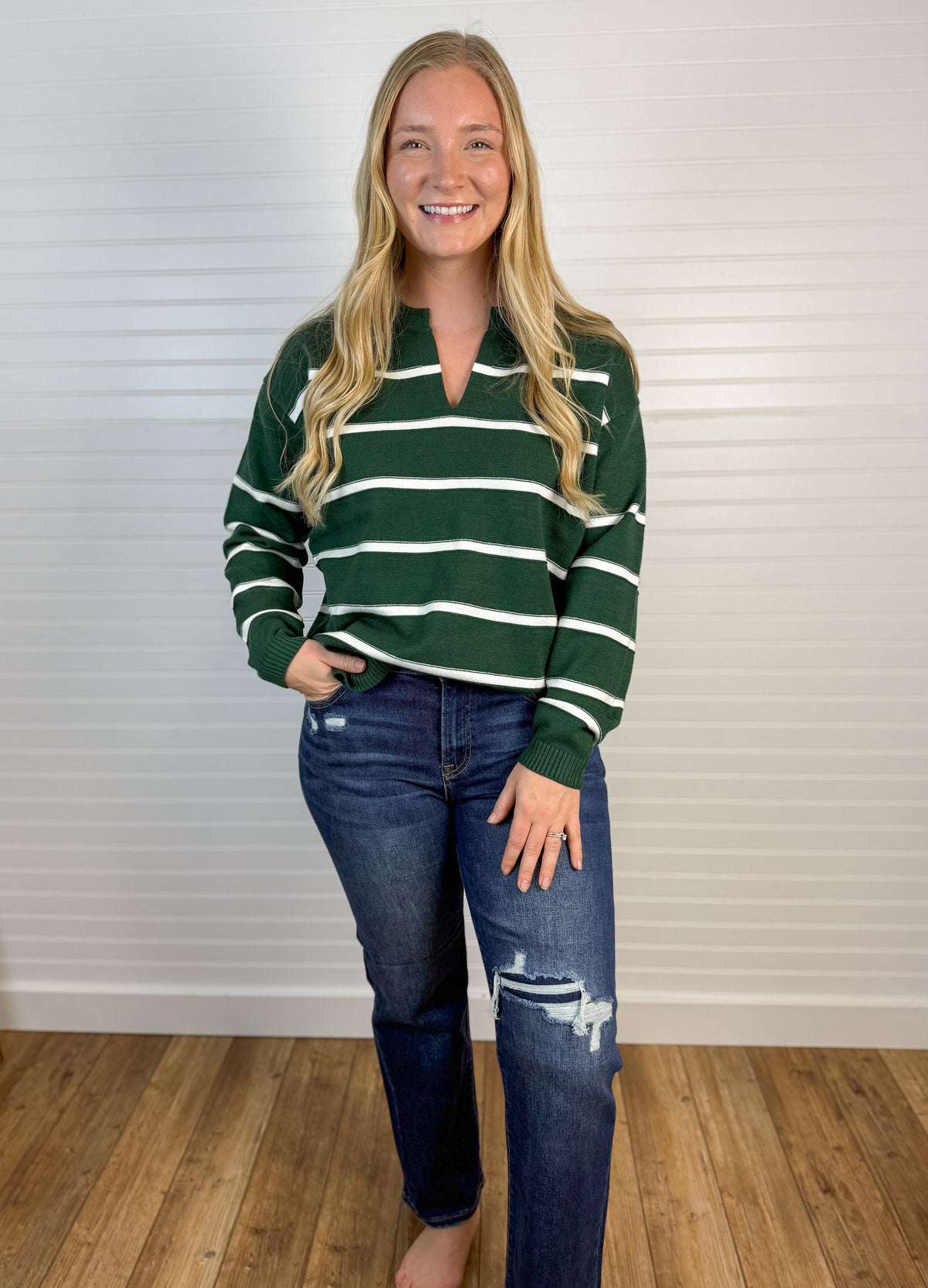 Split Neck Striped Sweater (2 colors)