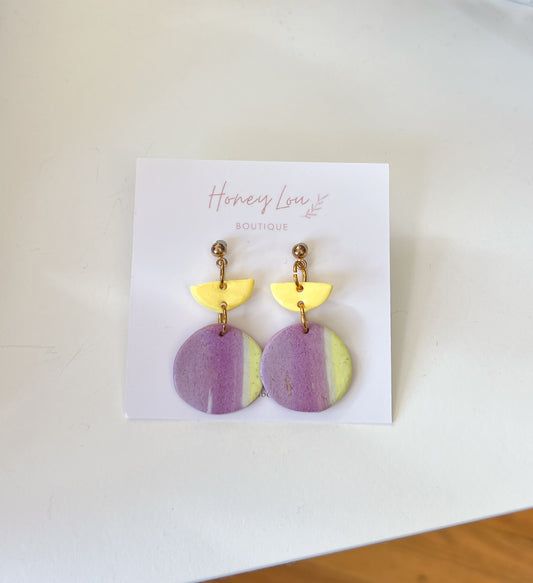 Mini Half Circle Clay Earrings - Purple/Yellow