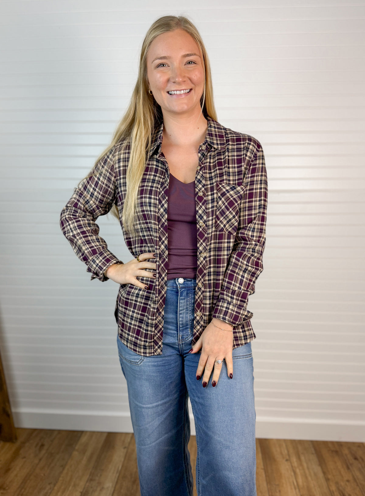 Flannel Plaid Button Down Top - Plum