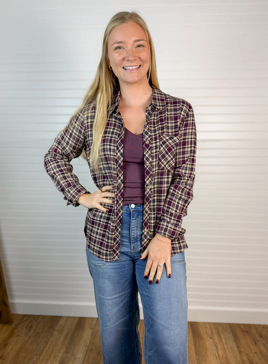 Flannel Plaid Button Down Top - Plum