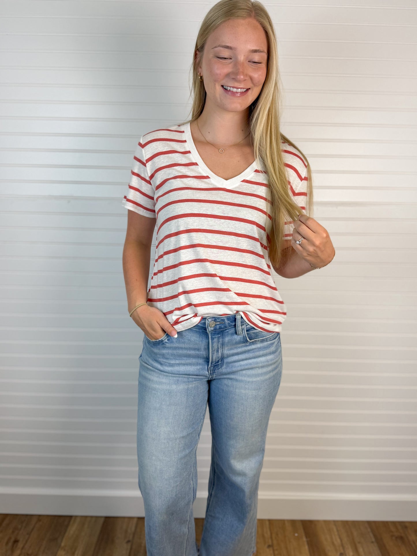 Cotton Linen Blend Striped Tee - Cranberry