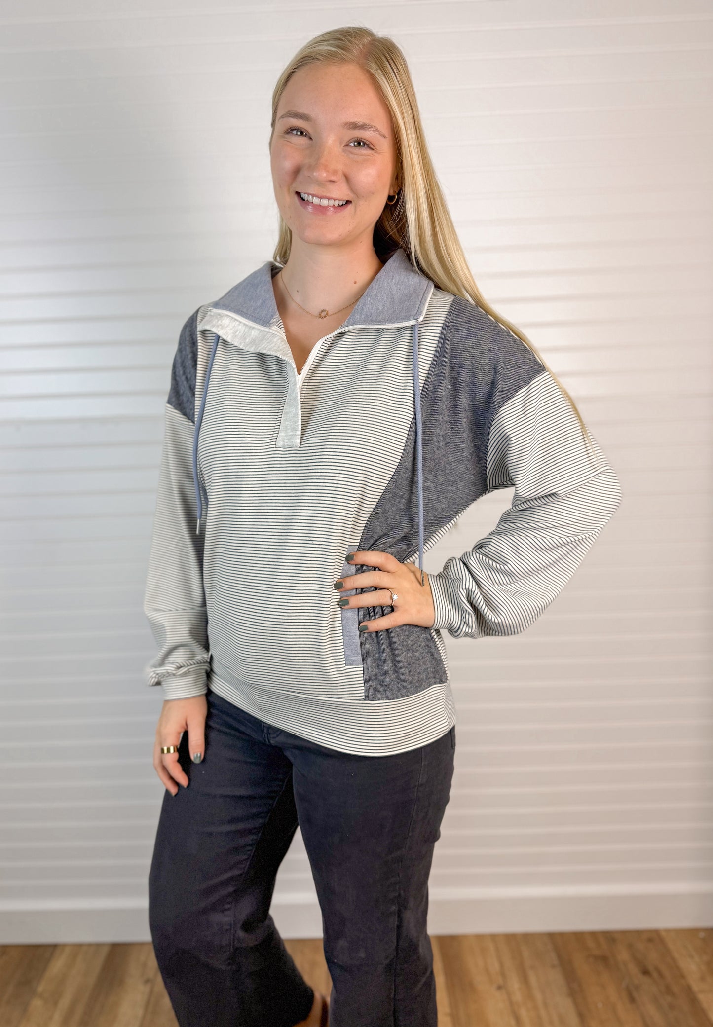 Half Zip Stripe Detail Pullover - Grey/Blue