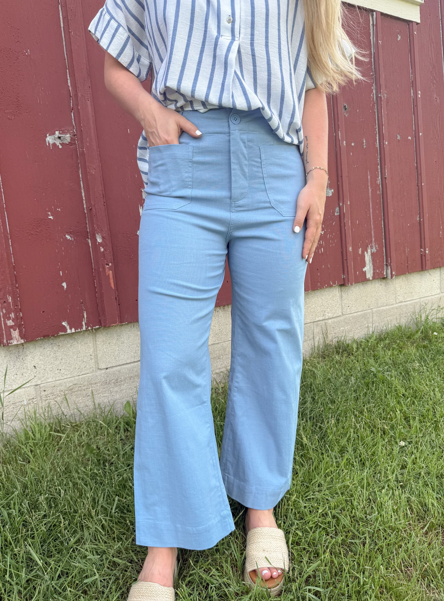 Stretchy Cotton Linen Ankle Pants - Blue