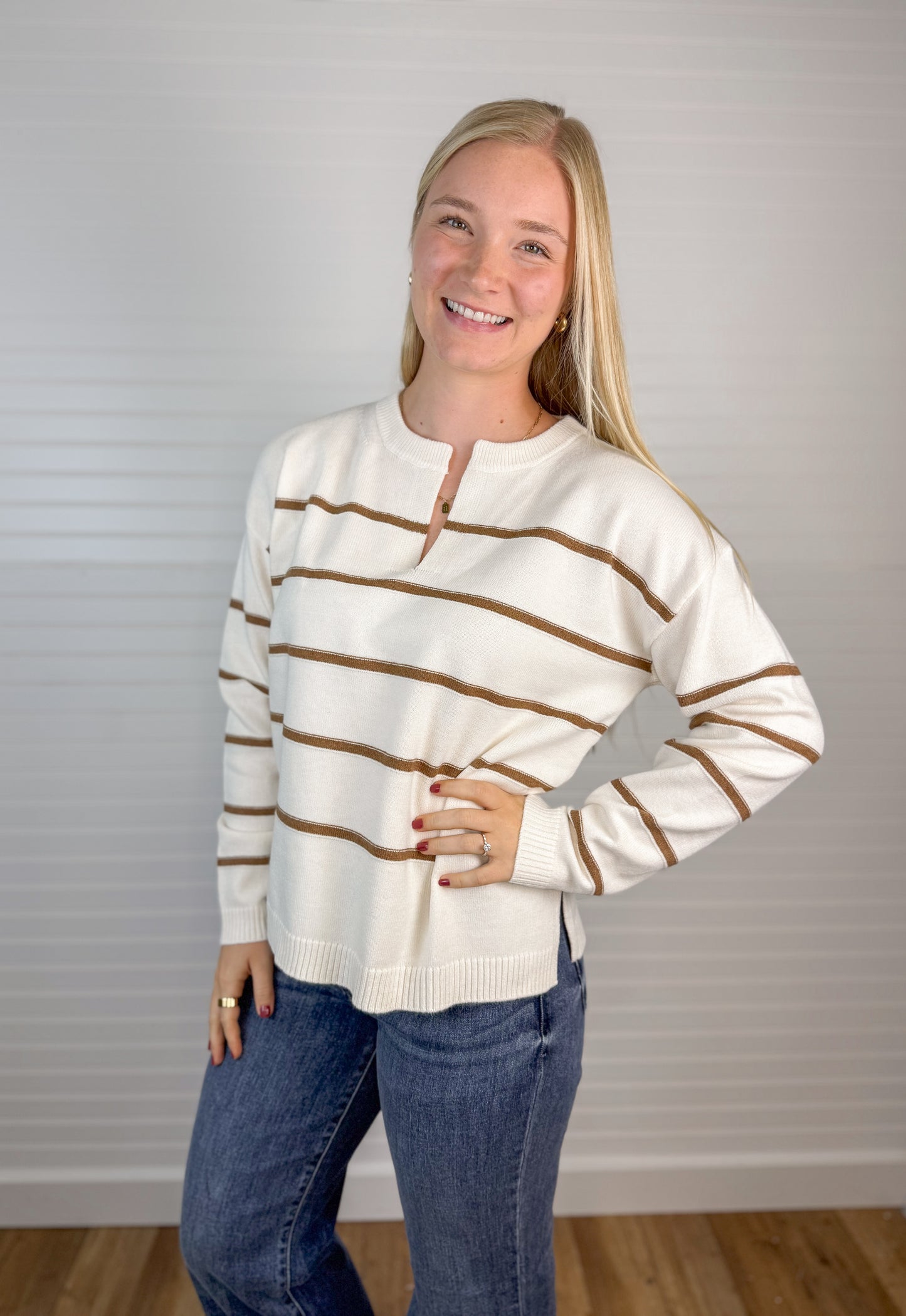 Striped V-Neck Sweater - Cream/Mocha