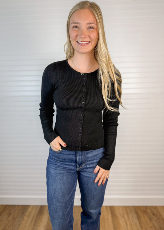 Ribbed Button Up Cardigan - Black