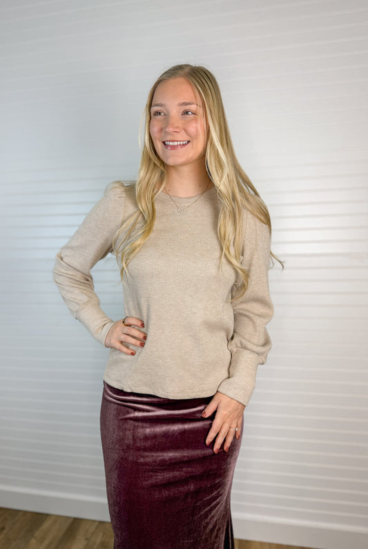 Puff Sleeve Lurex Thermal Knit Top - Taupe