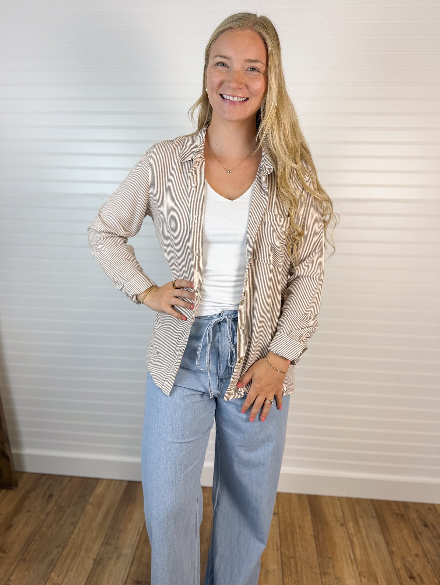 Linen Blend Stripe Relaxed Top - Mocha
