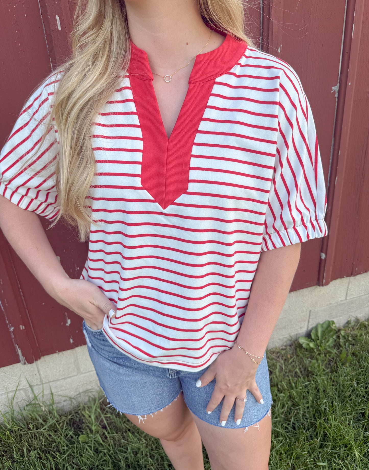 Striped Dolman Knit Top - Red/White