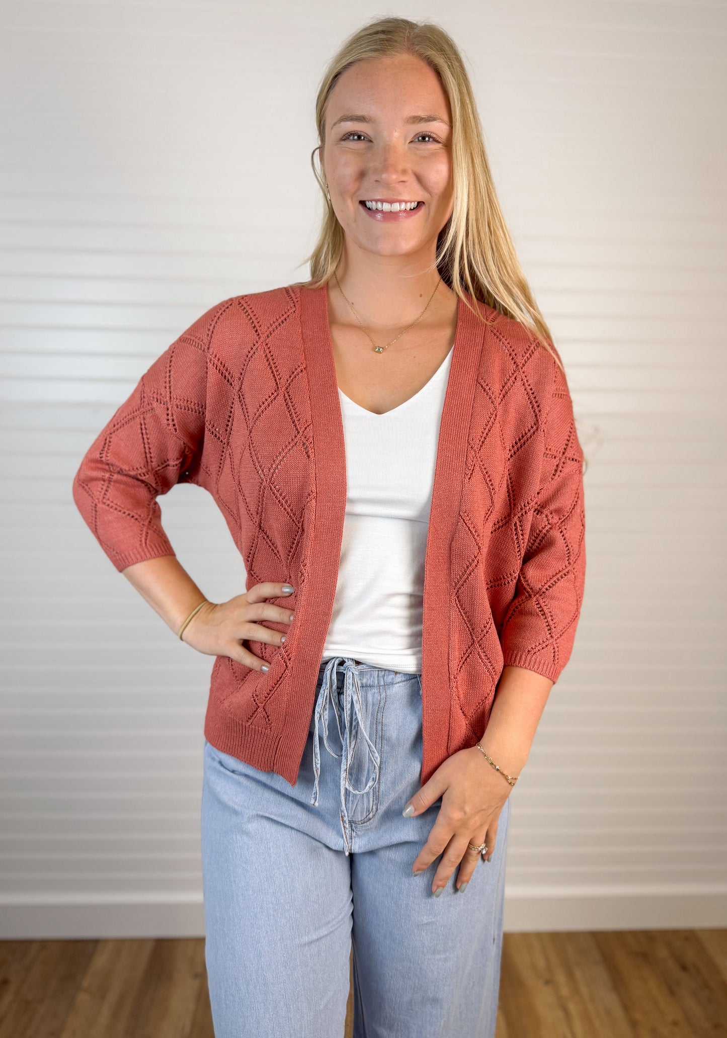 Pointelle Knit Cardigan - Terracotta