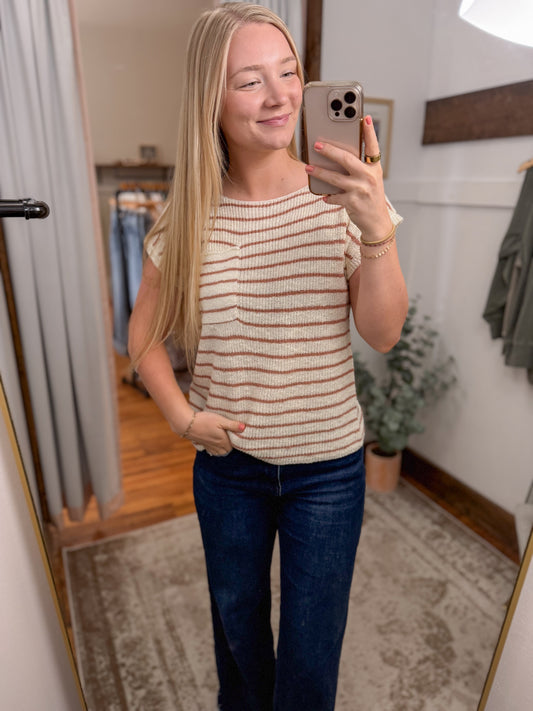 Striped Knit Boat Neck Top - Ivory/Terracotta
