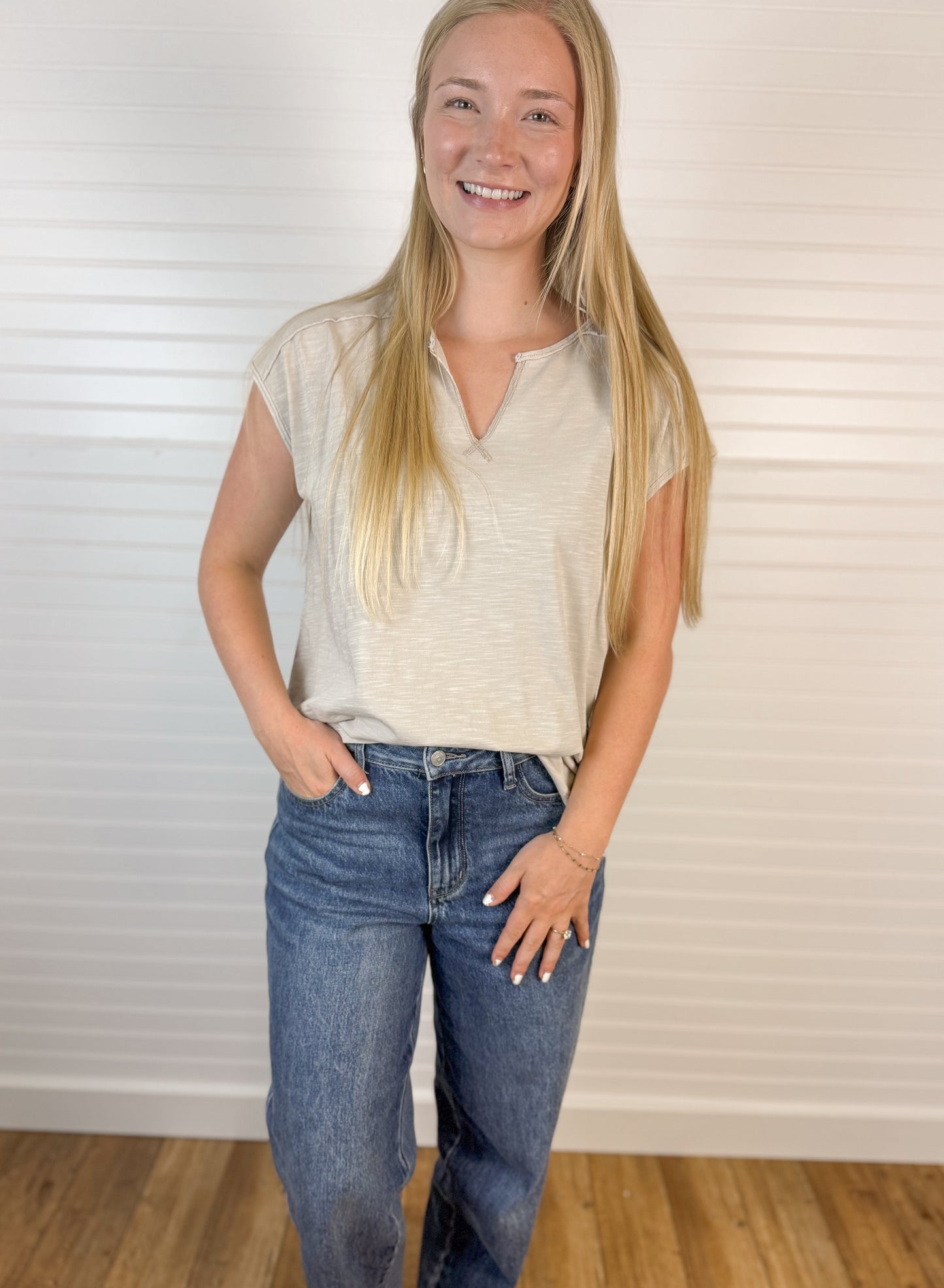 Garment Dyed Split Neck Cotton Tee - Stone