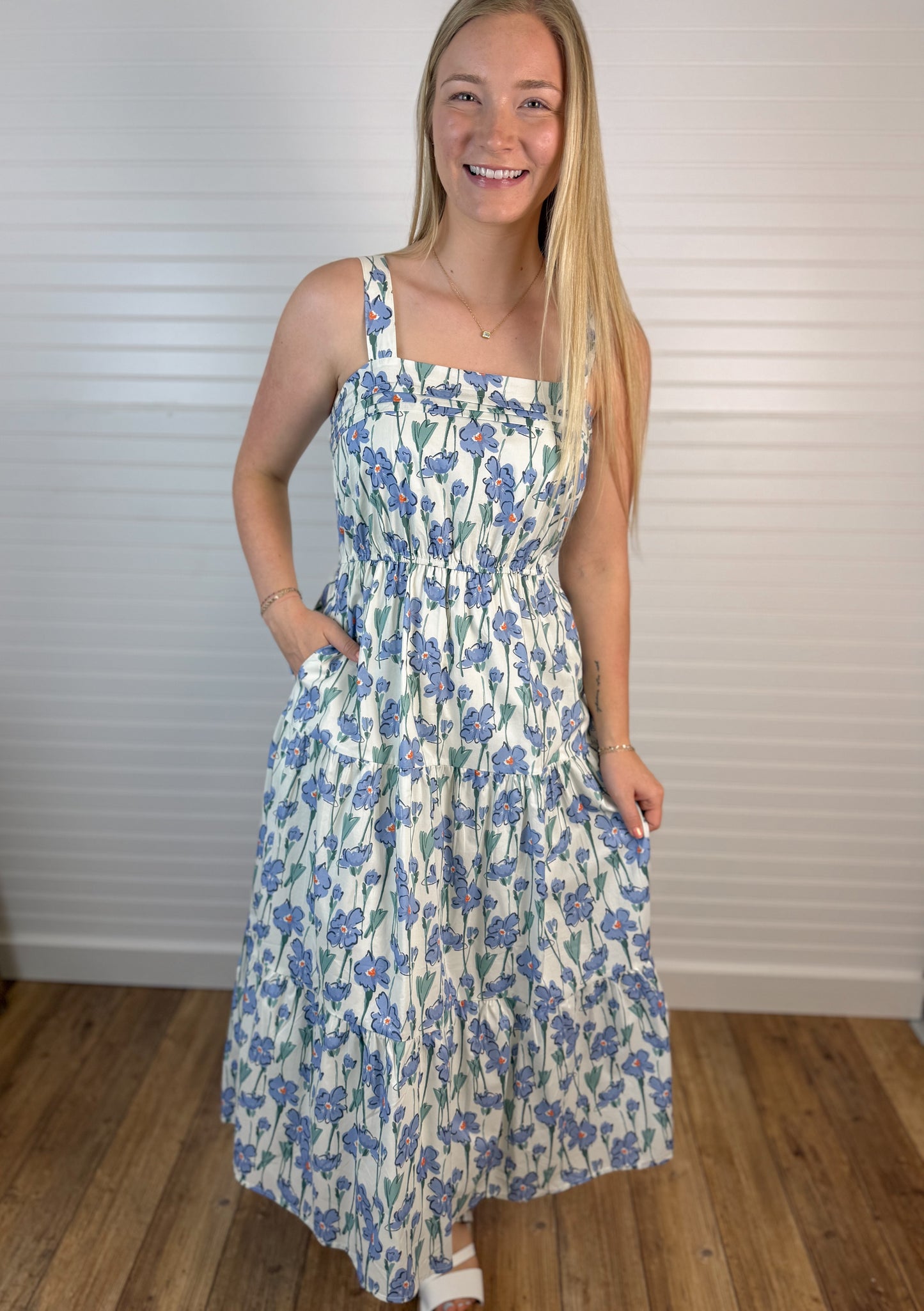 Floral Print Pleat Sleeveless Dress - Blue