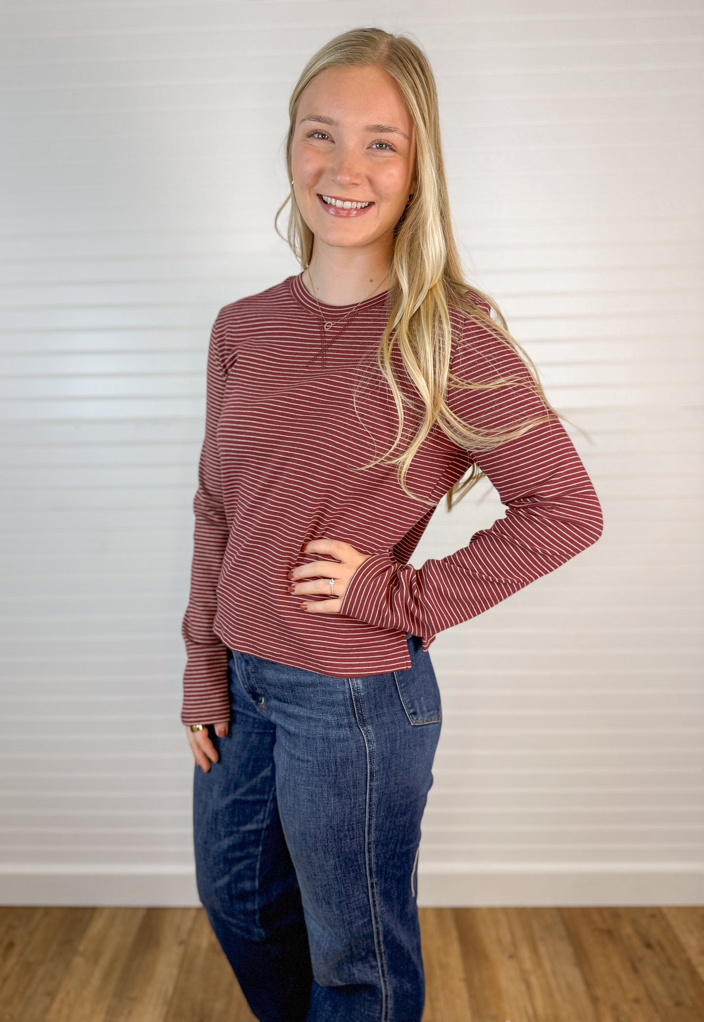 Striped Knit Long Sleeve - Wine/Ecru