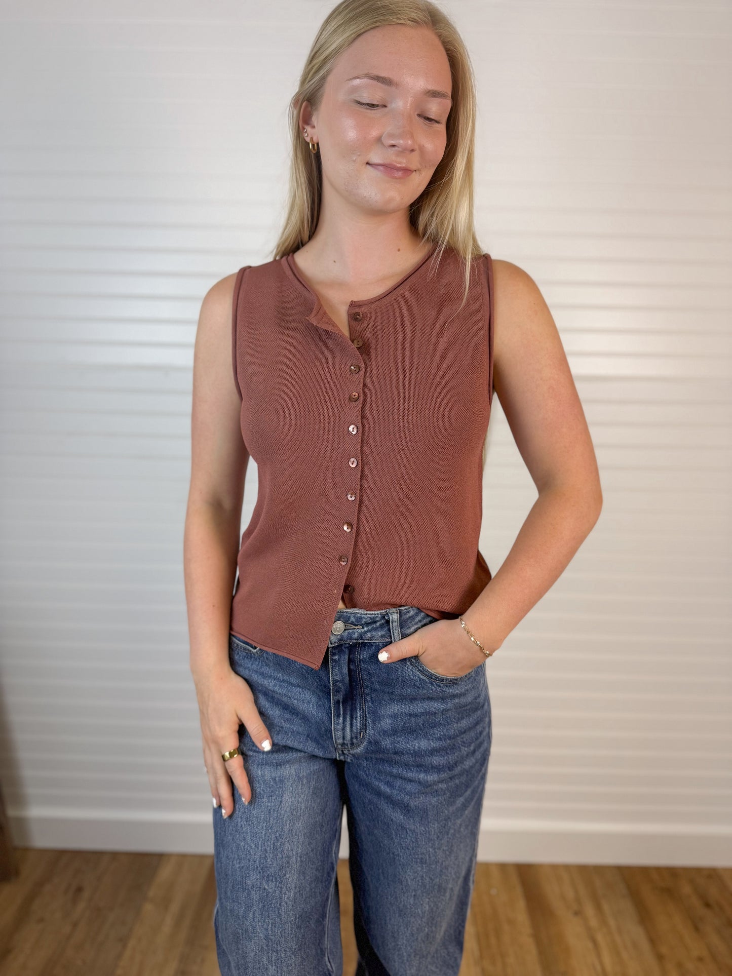 Rolled Hem Button Up Sweater Top - Terracotta